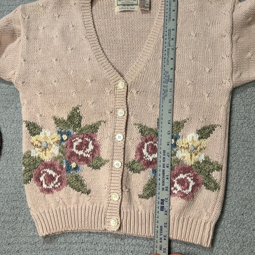 1990s Ashley Cardigan VTG Floral Hand Knit PM Pink Grandmacore Coquette Cottage - Picture 12 of 13